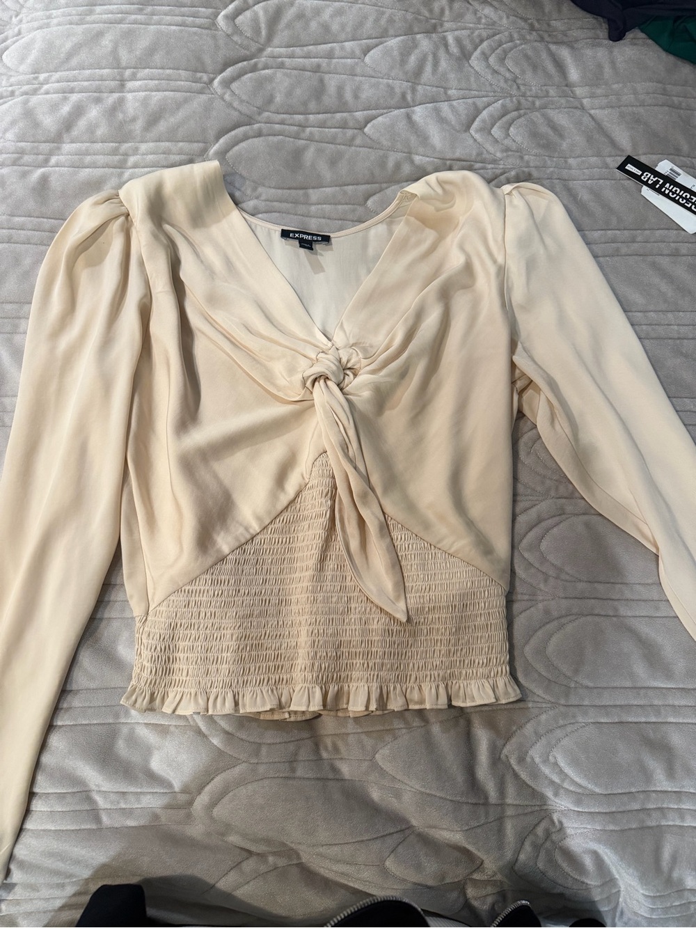 Express Cream Tie-Front Long Sleeve Blouse w puff sleeve
